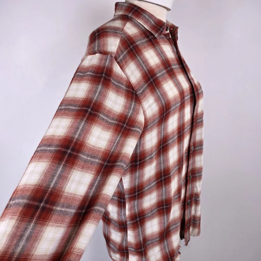 FRAME Slim Plaid Flannel Shirt Red Cream‎ Distressed Hem Button Up Medium - Picture 4 of 10